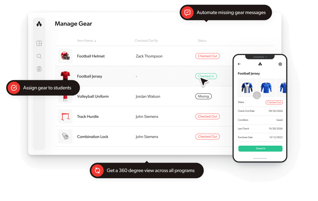 GearLocker dashboard showing gear checked out to athletes by team and status, alongside the mobile app